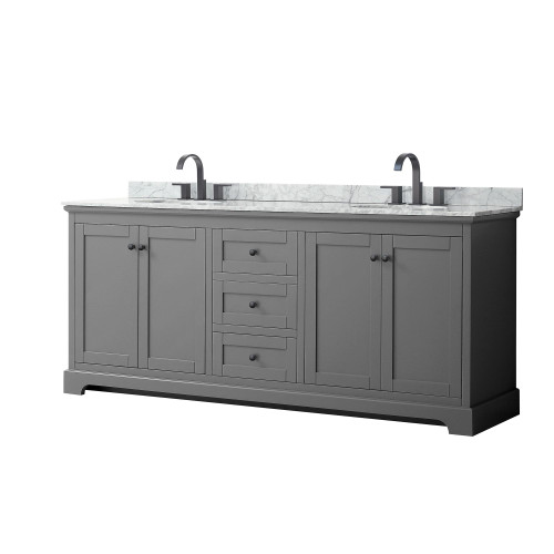 Wyndham WCV232380DGBCMUNOMXX Avery 80 Inch Double Bathroom Vanity in Dark Gray, White Carrara Marble Countertop, Undermount Oval Sinks, Matte Black Trim