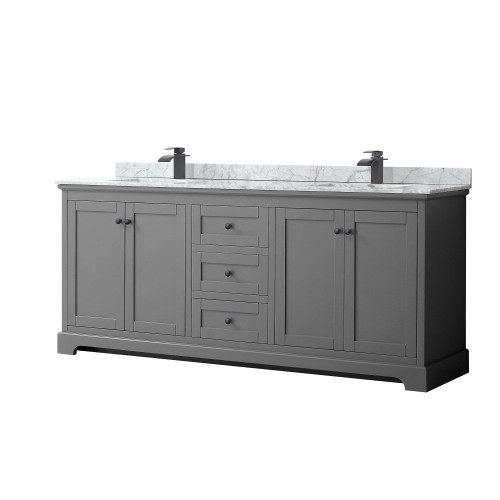Wyndham WCV232380DGBCMUNSMXX Avery 80 Inch Double Bathroom Vanity in Dark Gray, White Carrara Marble Countertop, Undermount Square Sinks, Matte Black Trim
