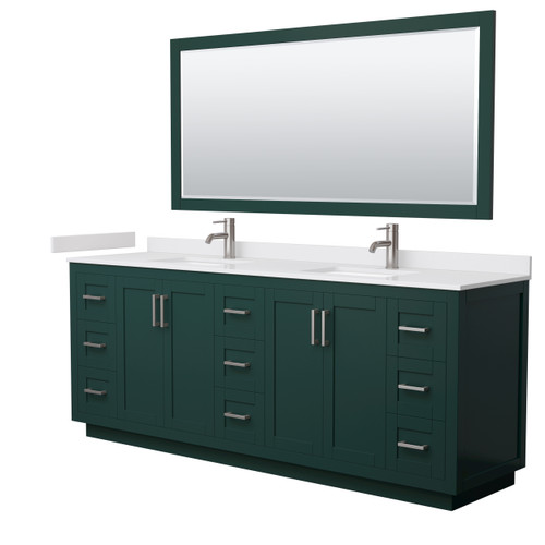 Wyndham WCF292984DGEWCUNSM70 Miranda 84 Inch Double Bathroom Vanity in Green, White Cultured Marble Countertop, Undermount Square Sinks, Brushed Nickel Trim, 70 Inch Mirror