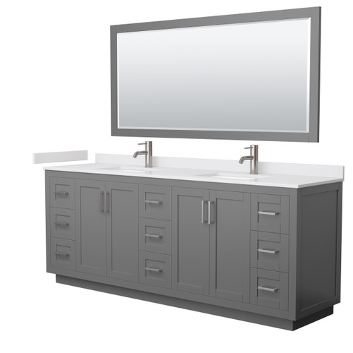 Wyndham WCF292984DKGWCUNSM70 Miranda 84 Inch Double Bathroom Vanity in Dark Gray, White Cultured Marble Countertop, Undermount Square Sinks, Brushed Nickel Trim, 70 Inch Mirror