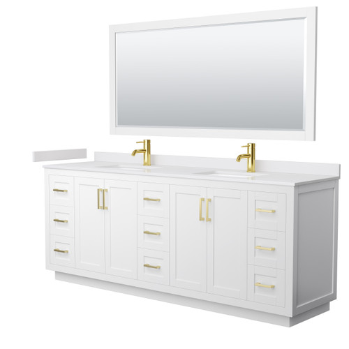 Wyndham WCF292984DWGWCUNSM70 Miranda 84 Inch Double Bathroom Vanity in White, White Cultured Marble Countertop, Undermount Square Sinks, Brushed Gold Trim, 70 Inch Mirror