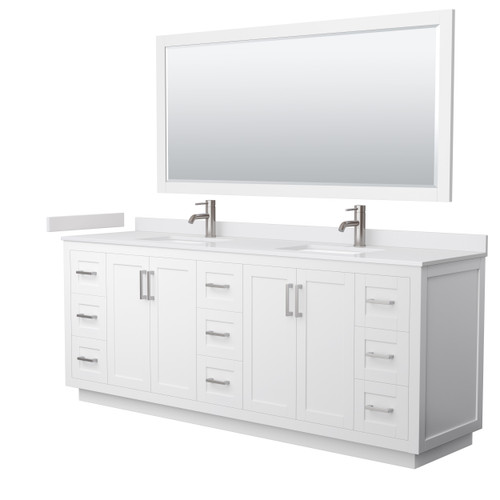 Wyndham WCF292984DWHWCUNSM70 Miranda 84 Inch Double Bathroom Vanity in White, White Cultured Marble Countertop, Undermount Square Sinks, Brushed Nickel Trim, 70 Inch Mirror