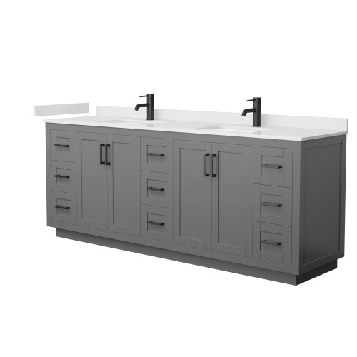 Wyndham WCF292984DGBWCUNSMXX Miranda 84 Inch Double Bathroom Vanity in Dark Gray, White Cultured Marble Countertop, Undermount Square Sinks, Matte Black Trim