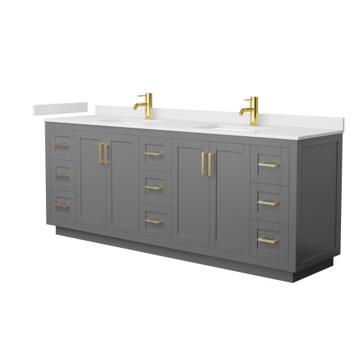 Wyndham WCF292984DGGWCUNSMXX Miranda 84 Inch Double Bathroom Vanity in Dark Gray, White Cultured Marble Countertop, Undermount Square Sinks, Brushed Gold Trim