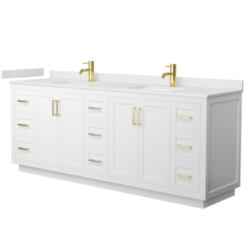 Wyndham WCF292984DWGWCUNSMXX Miranda 84 Inch Double Bathroom Vanity in White, White Cultured Marble Countertop, Undermount Square Sinks, Brushed Gold Trim