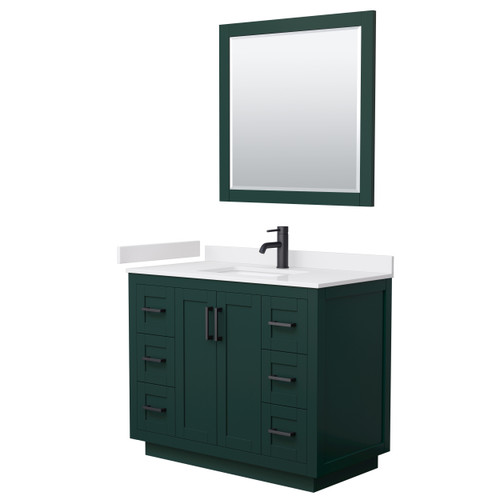 Wyndham WCF292942SGKWCUNSM34 Miranda 42 Inch Single Bathroom Vanity in Green, White Cultured Marble Countertop, Undermount Square Sink, Matte Black Trim, 34 Inch Mirror
