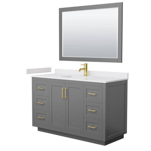 Wyndham WCF292954SGGWCUNSM46 Miranda 54 Inch Single Bathroom Vanity in Dark Gray, White Cultured Marble Countertop, Undermount Square Sink, Brushed Gold Trim, 46 Inch Mirror