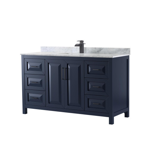 Wyndham WCV252560SBBCMUNSMXX Daria 60 Inch Single Bathroom Vanity in Dark Blue, White Carrara Marble Countertop, Undermount Square Sink, Matte Black Trim