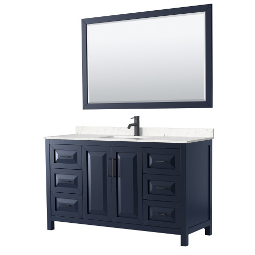 Wyndham WCV252560SBBC2UNSM58 Daria 60 Inch Single Bathroom Vanity in Dark Blue, Carrara Cultured Marble Countertop, Undermount Square Sink, Matte Black Trim, 58 Inch Mirror