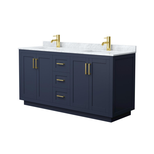 Wyndham WCF292966DBLCMUNSMXX Miranda 66 Inch Double Bathroom Vanity in Dark Blue, White Carrara Marble Countertop, Undermount Square Sinks, Brushed Gold Trim