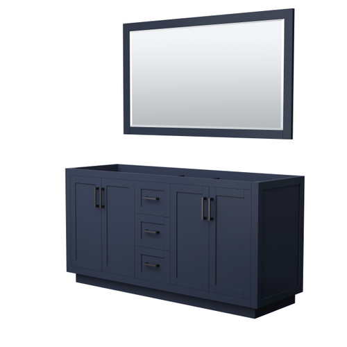 Wyndham WCF292966DBBCXSXXM58 Miranda 66 Inch Double Bathroom Vanity in Dark Blue, No Countertop, No Sink, Matte Black Trim, 58 Inch Mirror