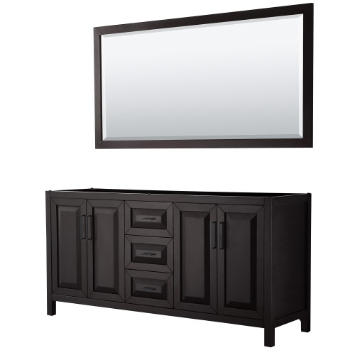Wyndham WCV252572DEBCXSXXM70 Daria 72 Inch Double Bathroom Vanity in Dark Espresso, No Countertop, No Sink, Matte Black Trim, 70 Inch Mirror