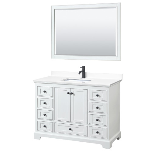 Wyndham WCS202048SWBWCUNSM46 Deborah 48 Inch Single Bathroom Vanity in White, White Cultured Marble Countertop, Undermount Square Sink, Matte Black Trim, 46 Inch Mirror