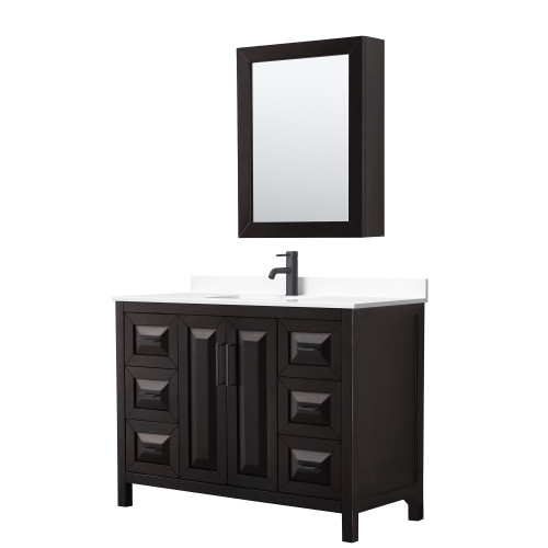 Wyndham WCV252548SEBWCUNSMED Daria 48 Inch Single Bathroom Vanity in Dark Espresso, White Cultured Marble Countertop, Undermount Square Sink, Matte Black Trim, Medicine Cabinet