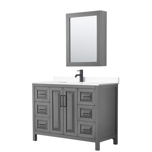 Wyndham WCV252548SGBWCUNSMED Daria 48 Inch Single Bathroom Vanity in Dark Gray, White Cultured Marble Countertop, Undermount Square Sink, Matte Black Trim, Medicine Cabinet