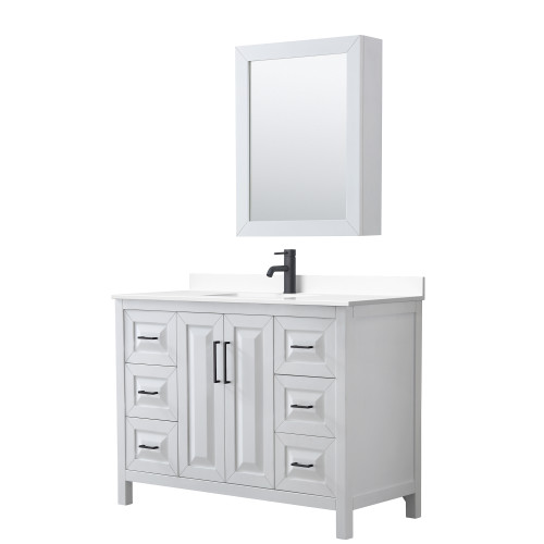 Wyndham WCV252548SWBWCUNSMED Daria 48 Inch Single Bathroom Vanity in White, White Cultured Marble Countertop, Undermount Square Sink, Matte Black Trim, Medicine Cabinet