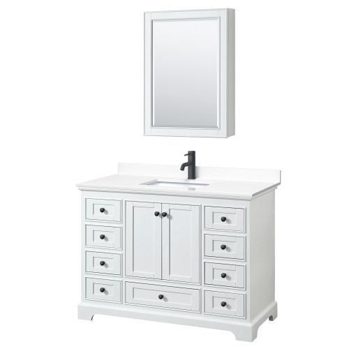Wyndham WCS202048SWBWCUNSMED Deborah 48 Inch Single Bathroom Vanity in White, White Cultured Marble Countertop, Undermount Square Sink, Matte Black Trim, Medicine Cabinet