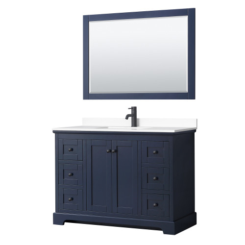 Wyndham WCV232348SBBWCUNSM46 Avery 48 Inch Single Bathroom Vanity in Dark Blue, White Cultured Marble Countertop, Undermount Square Sink, Matte Black Trim, 46 Inch Mirror
