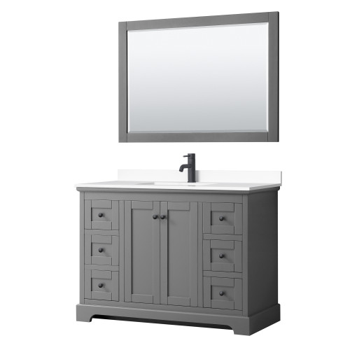 Wyndham WCV232348SGBWCUNSM46 Avery 48 Inch Single Bathroom Vanity in Dark Gray, White Cultured Marble Countertop, Undermount Square Sink, Matte Black Trim, 46 Inch Mirror