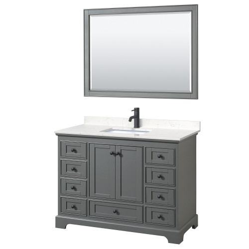 Wyndham WCS202048SGBC2UNSM46 Deborah 48 Inch Single Bathroom Vanity in Dark Gray, Carrara Cultured Marble Countertop, Undermount Square Sink, Matte Black Trim, 46 Inch Mirror