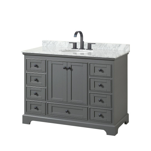 Wyndham WCS202048SGBCMUNOMXX Deborah 48 Inch Single Bathroom Vanity in Dark Gray, White Carrara Marble Countertop, Undermount Oval Sink, Matte Black Trim