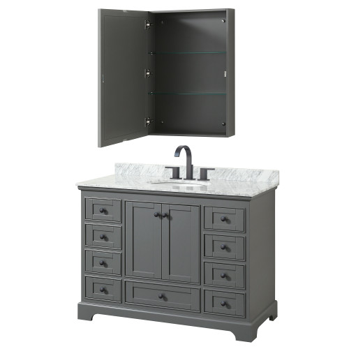 Wyndham WCS202048SGBCMUNOMED Deborah 48 Inch Single Bathroom Vanity in Dark Gray, White Carrara Marble Countertop, Undermount Oval Sink, Matte Black Trim, Medicine Cabinet