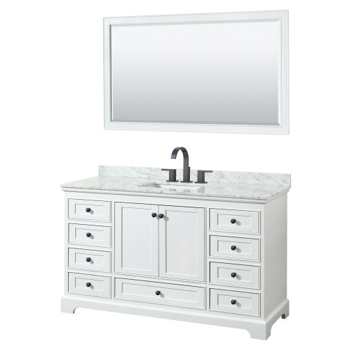 Wyndham WCS202060SWBCMUNSM58 Deborah 60 Inch Single Bathroom Vanity in White, White Carrara Marble Countertop, Undermount Square Sink, Matte Black Trim, 58 Inch Mirror