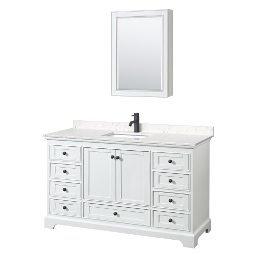 Wyndham WCS202060SWBC2UNSMED Deborah 60 Inch Single Bathroom Vanity in White, Carrara Cultured Marble Countertop, Undermount Square Sink, Matte Black Trim, Medicine Cabinet