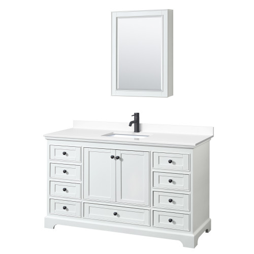 Wyndham WCS202060SWBWCUNSMED Deborah 60 Inch Single Bathroom Vanity in White, White Cultured Marble Countertop, Undermount Square Sink, Matte Black Trim, Medicine Cabinet