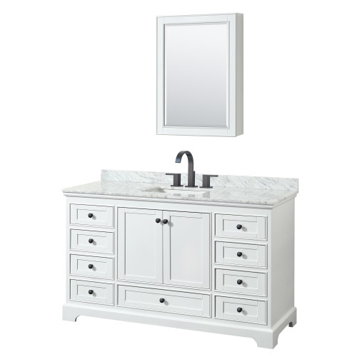 Wyndham WCS202060SWBCMUNSMED Deborah 60 Inch Single Bathroom Vanity in White, White Carrara Marble Countertop, Undermount Square Sink, Matte Black Trim, Medicine Cabinet