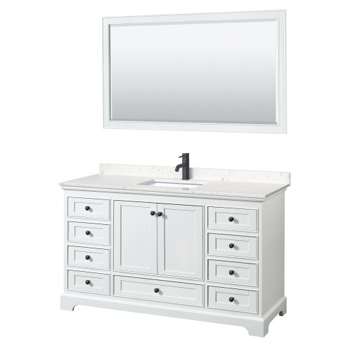 Wyndham WCS202060SWBC2UNSM58 Deborah 60 Inch Single Bathroom Vanity in White, Carrara Cultured Marble Countertop, Undermount Square Sink, Matte Black Trim, 58 Inch Mirror