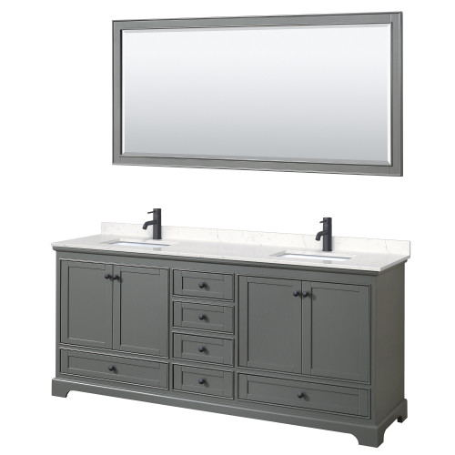 Wyndham WCS202080DGBC2UNSM70 Deborah 80 Inch Double Bathroom Vanity in Dark Gray, Carrara Cultured Marble Countertop, Undermount Square Sinks, Matte Black Trim, 70 Inch Mirror
