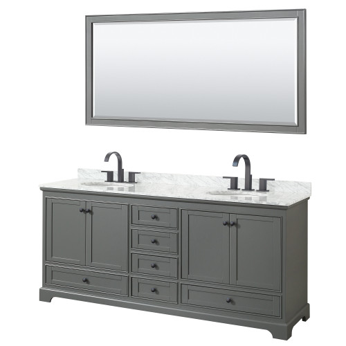 Wyndham WCS202080DGBCMUNOM70 Deborah 80 Inch Double Bathroom Vanity in Dark Gray, White Carrara Marble Countertop, Undermount Oval Sinks, Matte Black Trim, 70 Inch Mirror