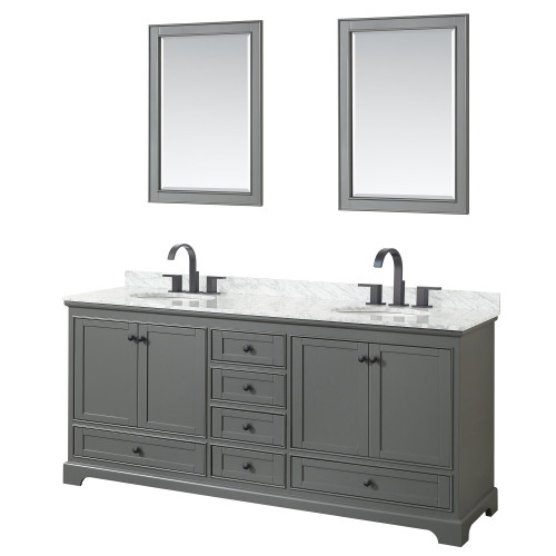 Wyndham WCS202080DGBCMUNOM24 Deborah 80 Inch Double Bathroom Vanity in Dark Gray, White Carrara Marble Countertop, Undermount Oval Sinks, Matte Black Trim, 24 Inch Mirrors