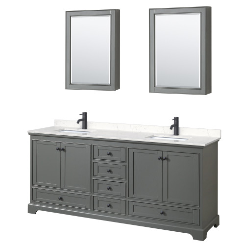 Wyndham WCS202080DGBC2UNSMED Deborah 80 Inch Double Bathroom Vanity in Dark Gray, Carrara Cultured Marble Countertop, Undermount Square Sinks, Matte Black Trim, Medicine Cabinets