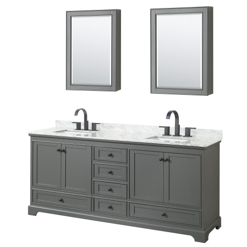 Wyndham WCS202080DGBCMUNSMED Deborah 80 Inch Double Bathroom Vanity in Dark Gray, White Carrara Marble Countertop, Undermount Square Sinks, Matte Black Trim, Medicine Cabinets