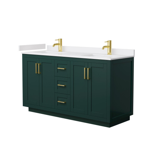 Wyndham WCF292960DGDWCUNSMXX Miranda 60 Inch Double Bathroom Vanity in Green, White Cultured Marble Countertop, Undermount Square Sinks, Brushed Gold Trim