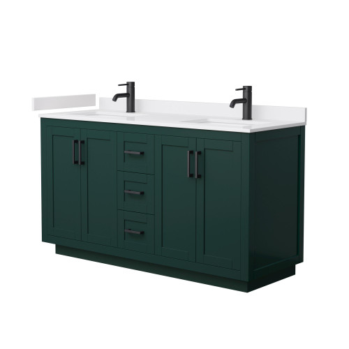 Wyndham WCF292960DGKWCUNSMXX Miranda 60 Inch Double Bathroom Vanity in Green, White Cultured Marble Countertop, Undermount Square Sinks, Matte Black Trim