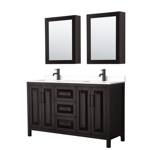 Wyndham WCV252560DEBWCUNSMED Daria 60 Inch Double Bathroom Vanity in Dark Espresso, White Cultured Marble Countertop, Undermount Square Sinks, Matte Black Trim, Medicine Cabinets