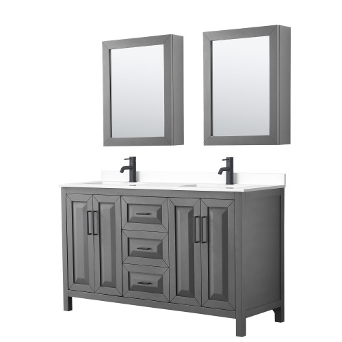 Wyndham WCV252560DGBWCUNSMED Daria 60 Inch Double Bathroom Vanity in Dark Gray, White Cultured Marble Countertop, Undermount Square Sinks, Matte Black Trim, Medicine Cabinets