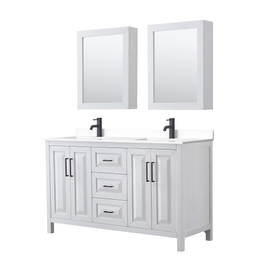 Wyndham WCV252560DWBWCUNSMED Daria 60 Inch Double Bathroom Vanity in White, White Cultured Marble Countertop, Undermount Square Sinks, Matte Black Trim, Medicine Cabinets