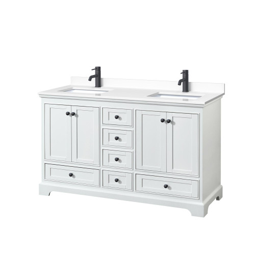 Wyndham WCS202060DWBWCUNSMXX Deborah 60 Inch Double Bathroom Vanity in White, White Cultured Marble Countertop, Undermount Square Sinks, Matte Black Trim