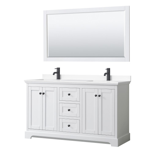 Wyndham WCV232360DWBWCUNSM58 Avery 60 Inch Double Bathroom Vanity in White, White Cultured Marble Countertop, Undermount Square Sinks, Matte Black Trim, 58 Inch Mirror