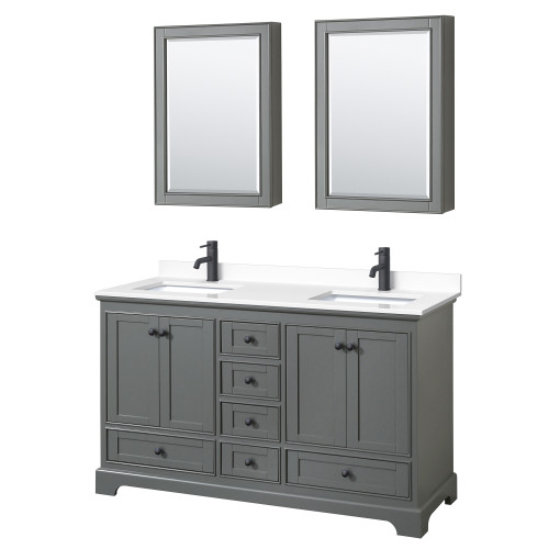 Wyndham WCS202060DGBWCUNSMED Deborah 60 Inch Double Bathroom Vanity in Dark Gray, White Cultured Marble Countertop, Undermount Square Sinks, Matte Black Trim, Medicine Cabinets