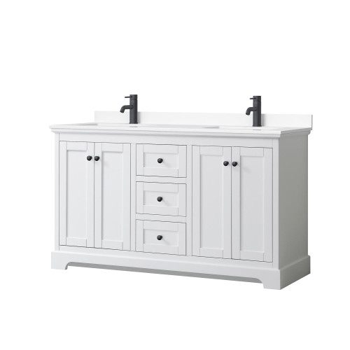 Wyndham WCV232360DWBWCUNSMXX Avery 60 Inch Double Bathroom Vanity in White, White Cultured Marble Countertop, Undermount Square Sinks, Matte Black Trim
