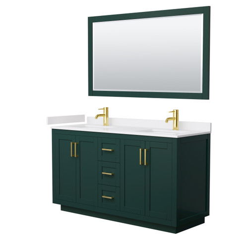 Wyndham WCF292960DGDWCUNSM58 Miranda 60 Inch Double Bathroom Vanity in Green, White Cultured Marble Countertop, Undermount Square Sinks, Brushed Gold Trim, 58 Inch Mirror