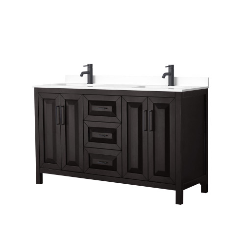 Wyndham WCV252560DEBWCUNSMXX Daria 60 Inch Double Bathroom Vanity in Dark Espresso, White Cultured Marble Countertop, Undermount Square Sinks, Matte Black Trim