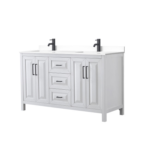 Wyndham WCV252560DWBWCUNSMXX Daria 60 Inch Double Bathroom Vanity in White, White Cultured Marble Countertop, Undermount Square Sinks, Matte Black Trim