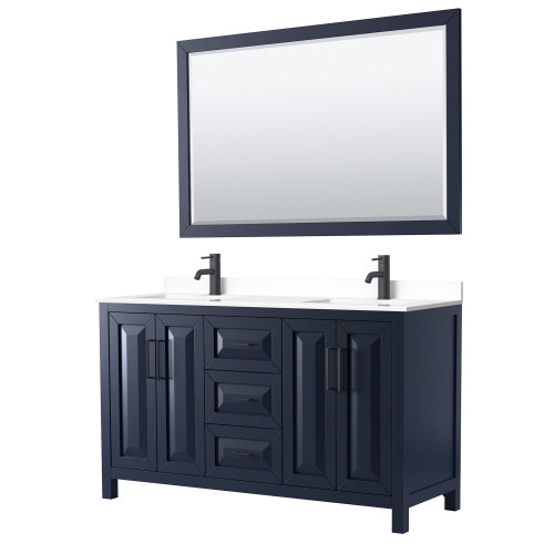 Wyndham WCV252560DBBWCUNSM58 Daria 60 Inch Double Bathroom Vanity in Dark Blue, White Cultured Marble Countertop, Undermount Square Sinks, Matte Black Trim, 58 Inch Mirror