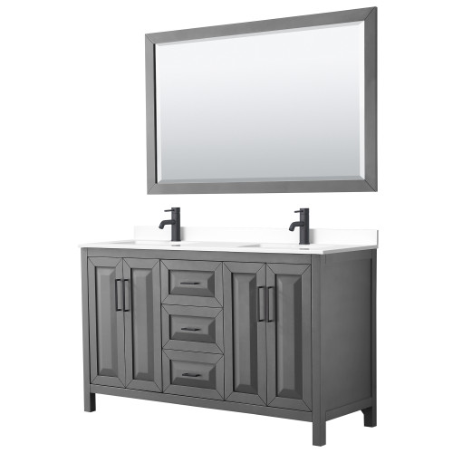 Wyndham WCV252560DGBWCUNSM58 Daria 60 Inch Double Bathroom Vanity in Dark Gray, White Cultured Marble Countertop, Undermount Square Sinks, Matte Black Trim, 58 Inch Mirror
